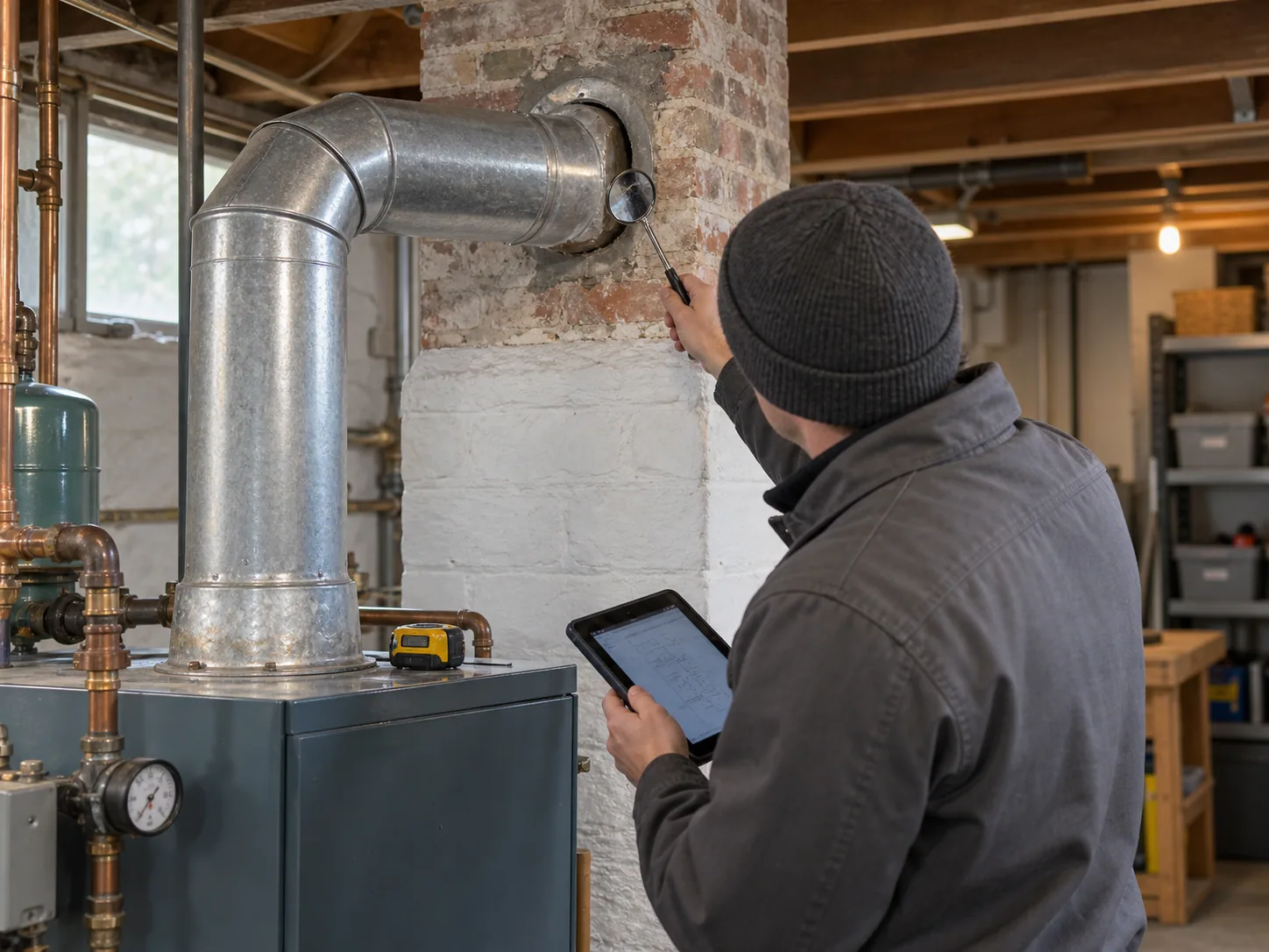 Technician documenting a heating appliance connection to a masonry chimney