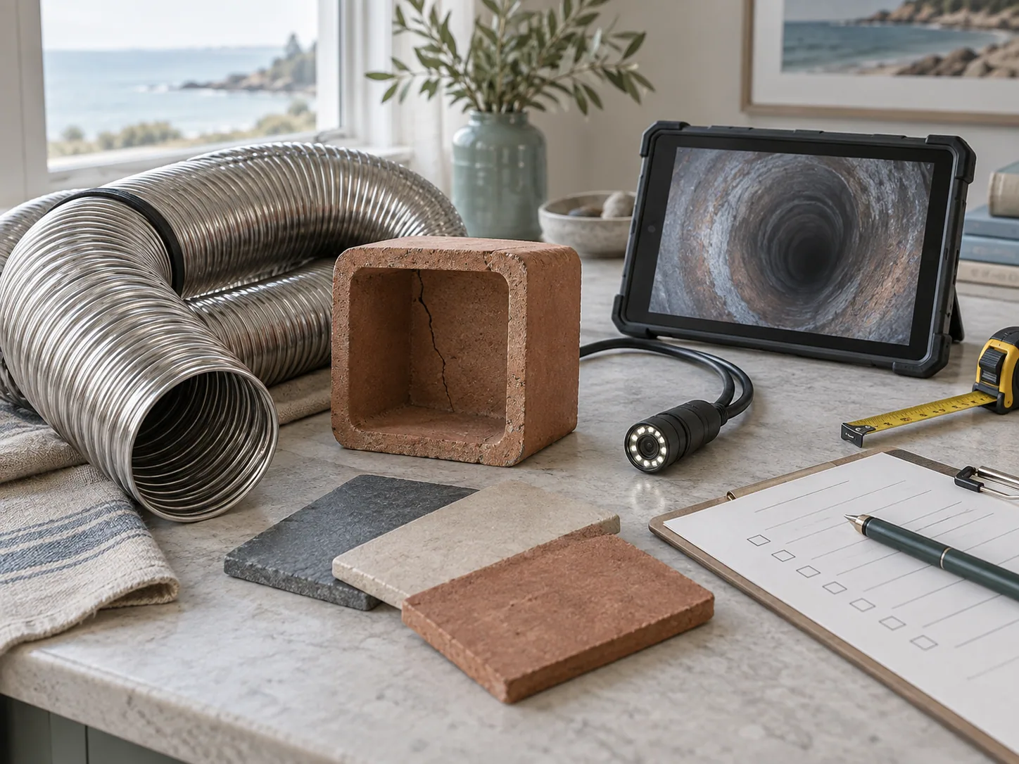 Stainless liner, clay tile sample and video inspection tools